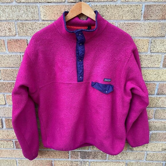 Vintage 90s Patagonia Snap Fleece Sweater Large Pink - Picture 13 of 15